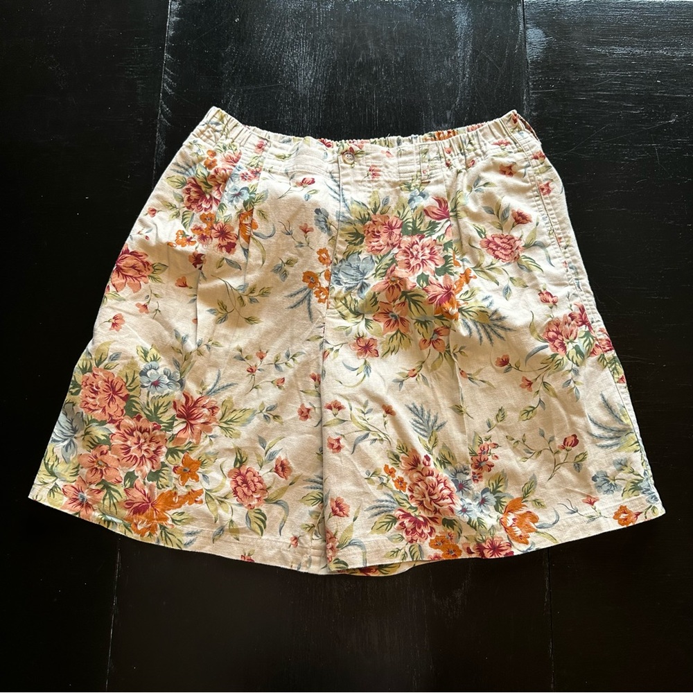 Vintage Bechamel Retro Large Cream Linen Blend Floral Vacation Shorts Elastic